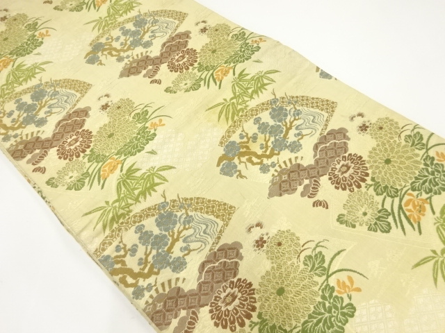 JAPANESE KIMONO / ANTIQUE MARU OBI / WOVEN FAN WITH UME & KIKU